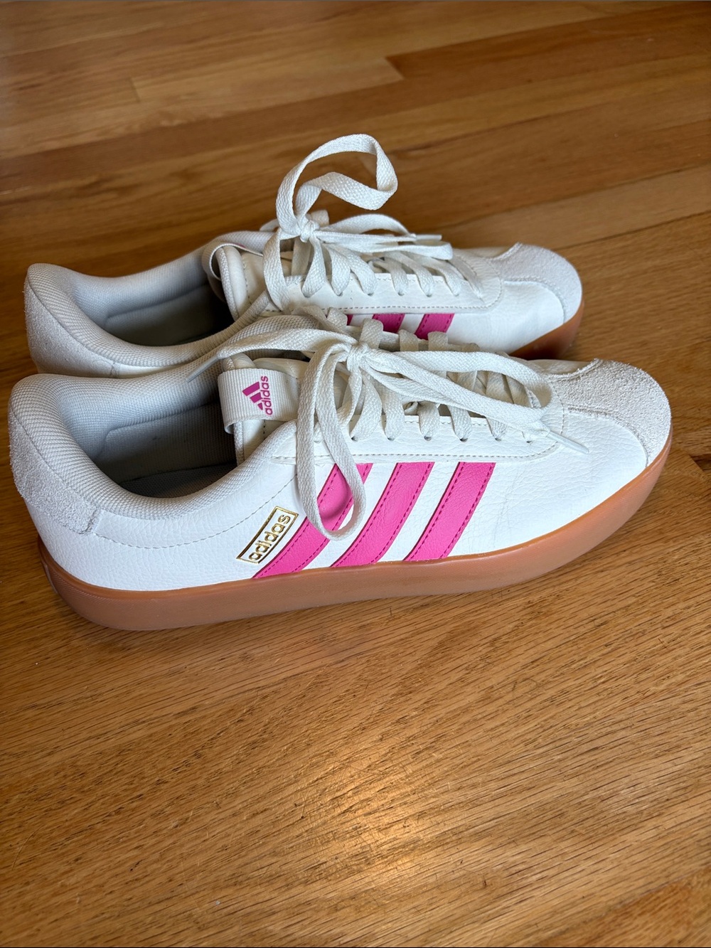 adidas White Sneakers with Pink Three Stripes and Gum Sole